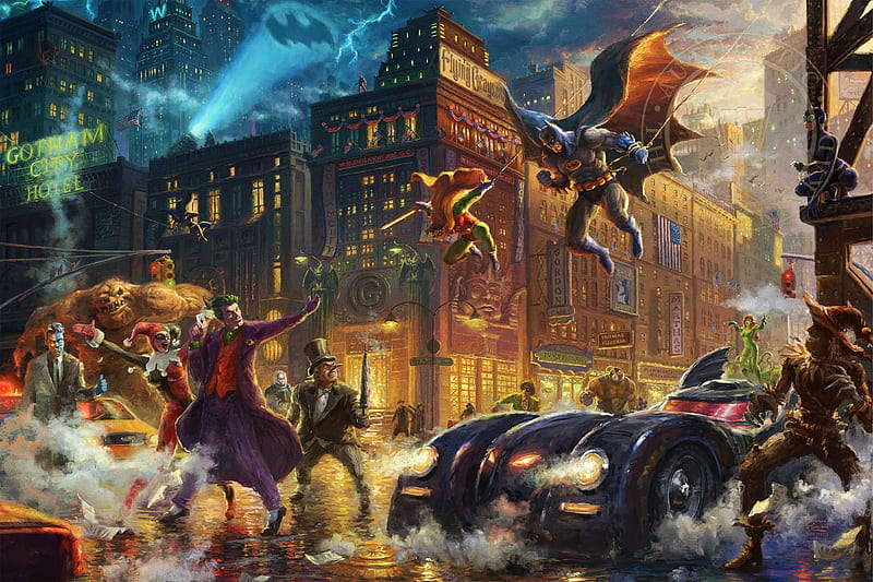 Thye Dark Knight saves Gotham City, art, gotham, luminos, comics, batman, thomas kinkade, fantasy, painting, dark knight, pictura, HD wallpaper