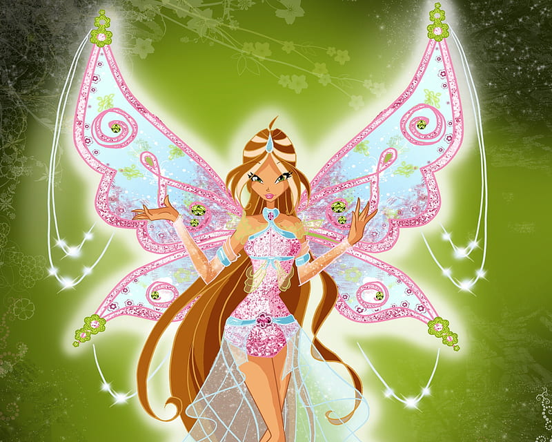 Extra Sparklix, pretty, dress, glow, bonito, magic, wing, sweet, nice, fantasy, winx, anime, beauty, long hair, fairy, wings, lovely, brown hair, gown, flora, magical, winx club, winxclub, HD wallpaper