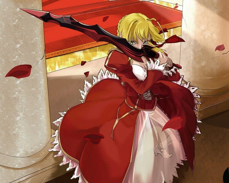 Saber Extra, saber, red, dress, blond, fate zero, fate stay night, blade, anime, hot, anime girl, weapon, long hair, sword, female, gown, blonde, sexy, blond hair, armor, cute, warrior, girl, kight, petals, fate extra, HD wallpaper