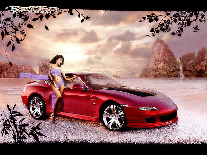 Beautiful Girl With Car !!!, 3d-art, red, girl, car, abstract, HD wallpaper