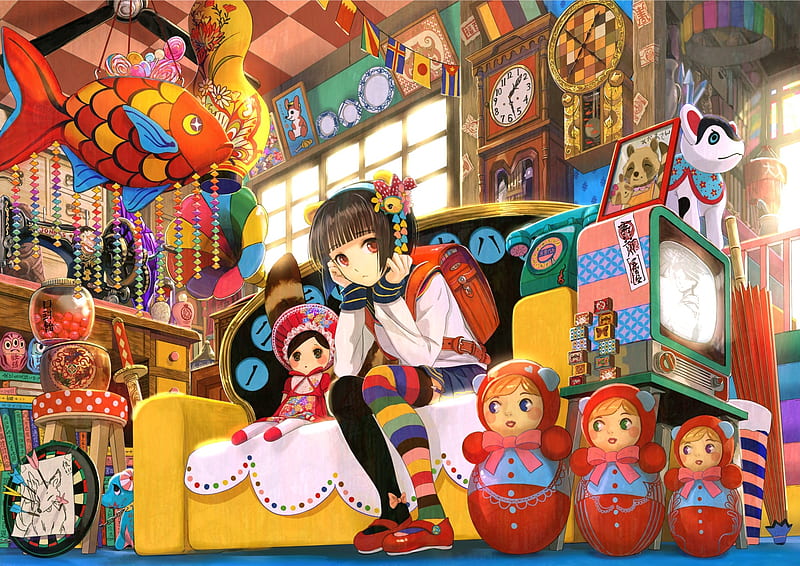 Pensive girl, red, anime, yellow, manga, fuji choko, HD wallpaper