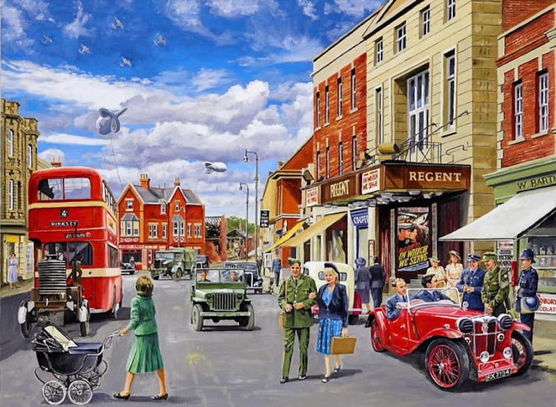 1940's High Street, carros, high street, soldier, wartime, vintage, bus, HD wallpaper
