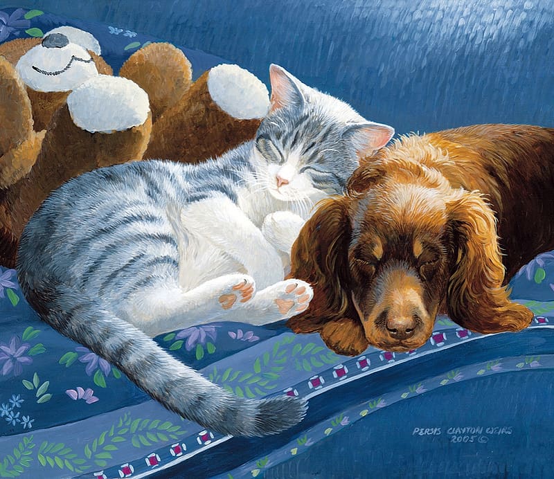 Nap with friends, persis clayton weirs, blue, sofa, brown, dog, nap, cat, white, pictura, sleep, painting, teddy bear, pisici, cute, caine, art, HD wallpaper