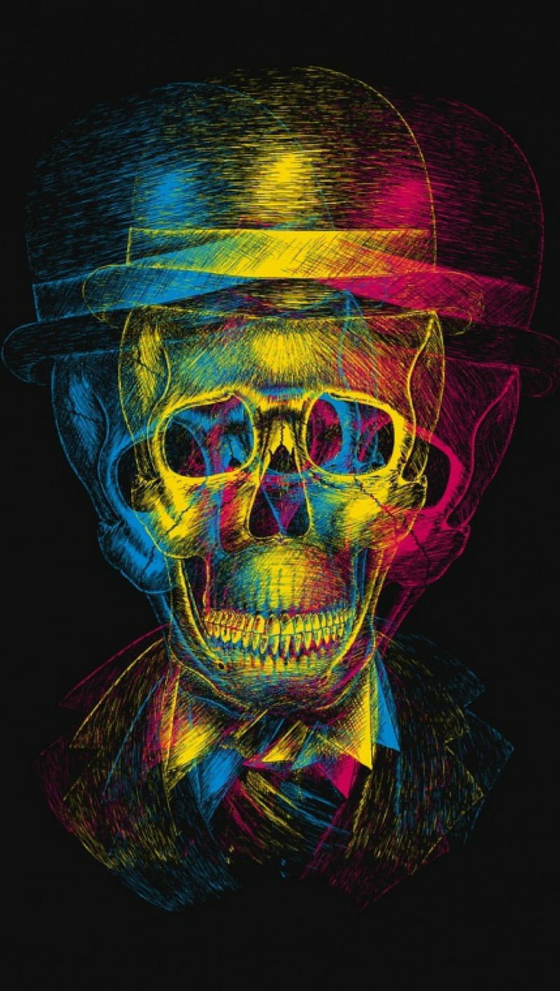 Skull - 3D, black, blue, cool, odd, pink, scary, skulls, weird, yellow, HD phone wallpaper