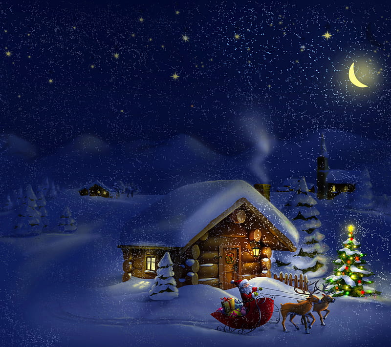 Xmas Night, cartoon, christmas, moonshine, nature, santa, snow, winter, HD wallpaper