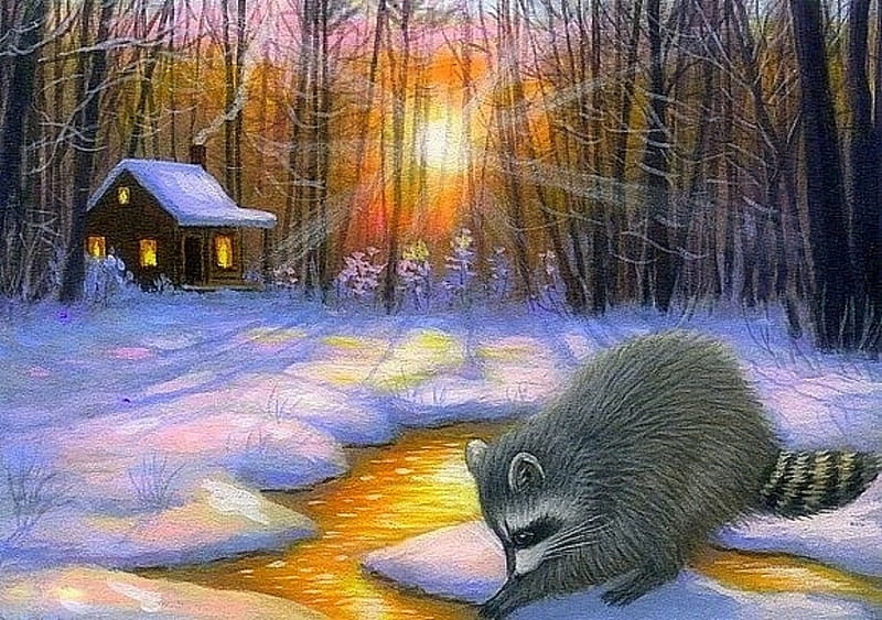 Winter Sunlight, cottages, holidays, sunlight, love four seasons, raccoon, xmas and new year, winter, paintings, snow, winter holidays, streams, woodland, animals, HD wallpaper