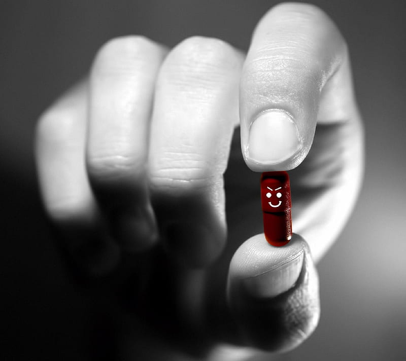 EVIL PILL, hand, hold, red, HD wallpaper