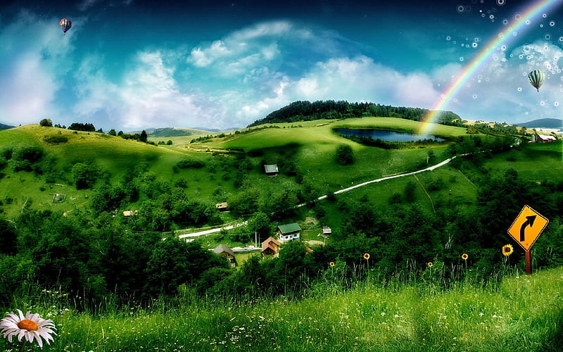 BALLOON RAINBOW, hills, grass, houses, hot air balloons, spring, rainbow, trees, sign board, pond, skies, green, golf course, bubbles, flowers, road, field, HD wallpaper