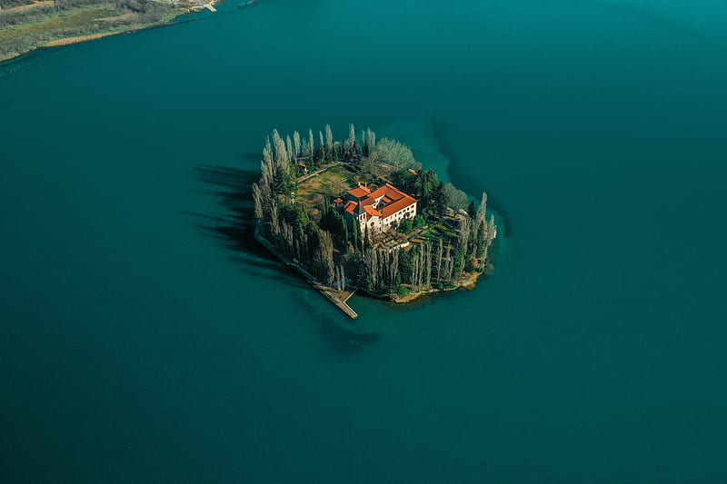 lake, island, aerial view, trees, house, HD wallpaper