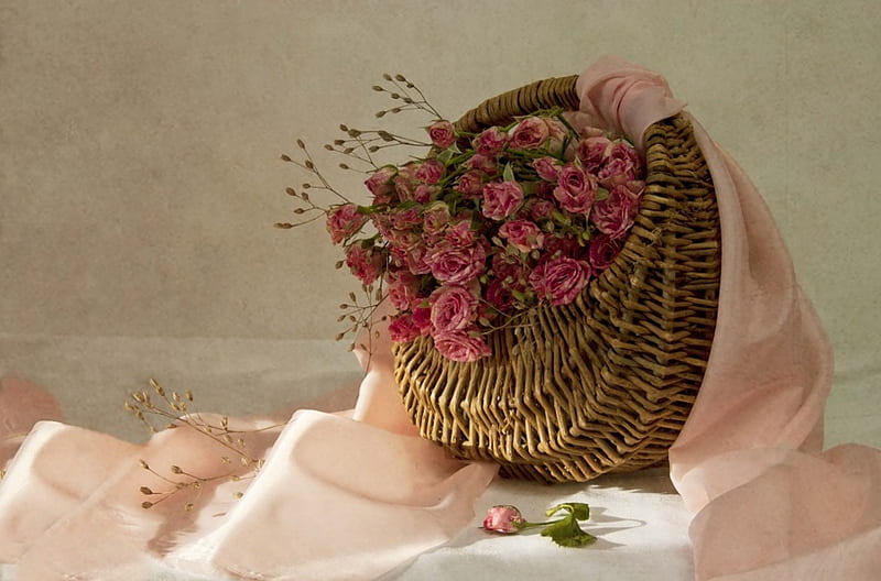 Vintage Pink, still life, basket, pink fabric, flowers, roses, HD wallpaper