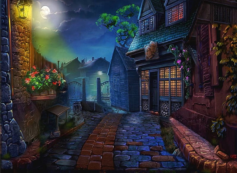 Night Passage, table, gate, bricks, lantern, houses, bar, windows, moon, pub, flowers, road, street, HD wallpaper