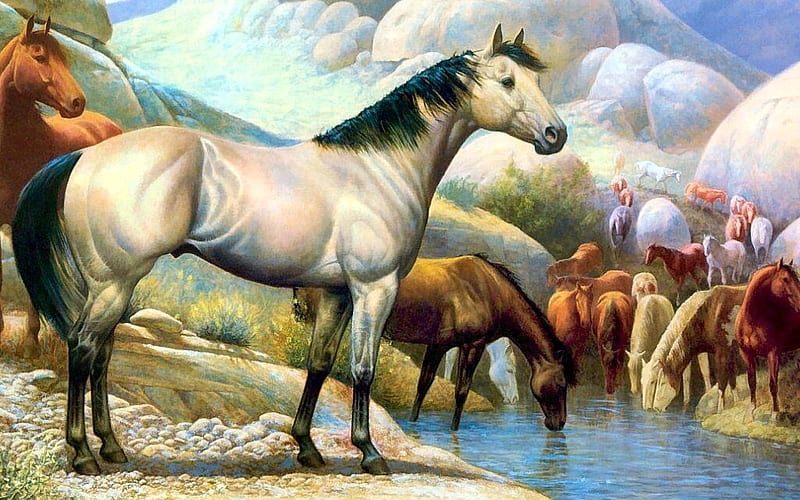 southwest art, art, fantasy, animals, horses, HD wallpaper