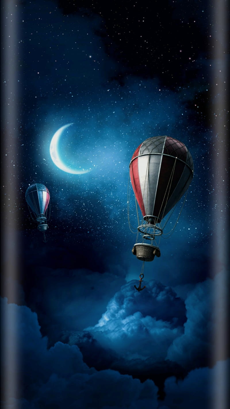 Balloon trip, ballon, beauty, blue, edge, moon, night, s7, s8, sky, HD phone wallpaper