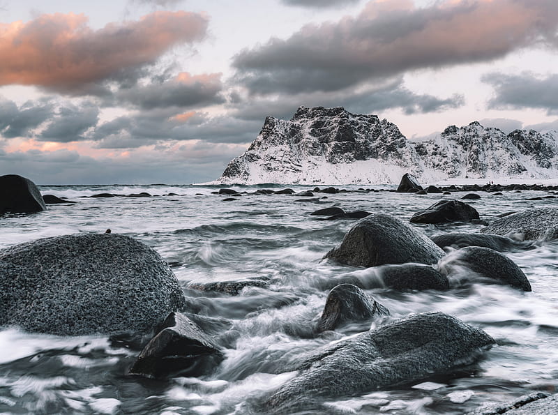 rock, stones, waves, snow, shore, HD wallpaper