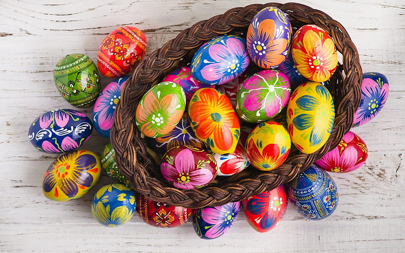 Happy Easter!, colors, eggs, Easter, wooden, basket, HD wallpaper