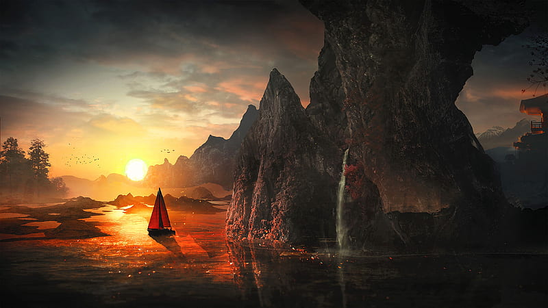 sail, sunset, bay, art, HD wallpaper