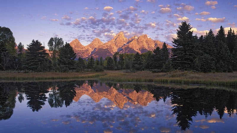 the great grand tetons wyoming, forest, mountains, sunrise, reflection, lake, HD wallpaper