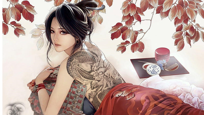 An Oriental Influence, fall, autumn, tattoo, bonito, woman, dragon, tea, artisitic, leaves, girl, oriental, lady, HD wallpaper