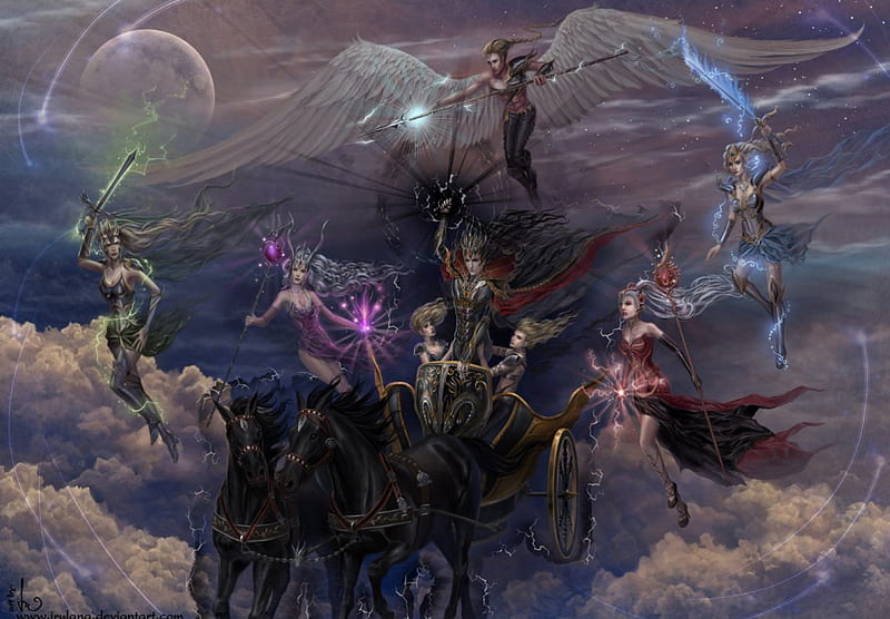 DARK LORD ON CHARIOT, CLOUDS, FEMALE, SKY, WINGS, ANGEL, MOON, CHARIOT, MALE, HORSES, HD wallpaper