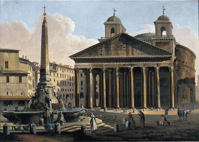 Pantheon Rome, pillars, fountain, ancient, people, dome, sky, HD wallpaper