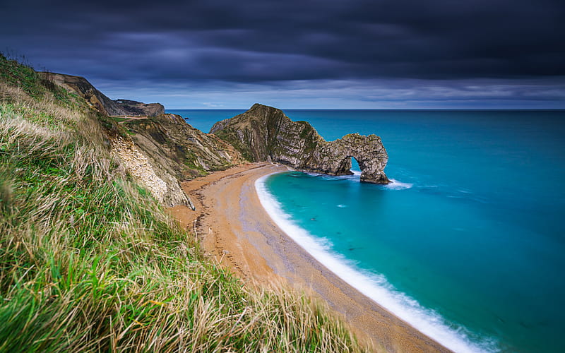 Durdle Door, English Channel, coast, ocean, cliff arch, seascape, Jurassic Coast, Lulworth, Dorset, England, HD wallpaper