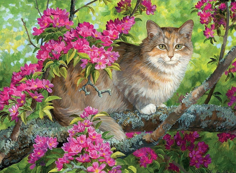 Cat, art, persis clayton weirs, spring, animal, blossom, tree, green, painting, flower, pictura, pink, pisica, HD wallpaper