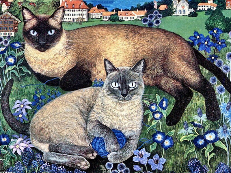 Cats in garden * Mimi Vang Olsen, painting mimi vang olsen, art, flower, garden, cat, kitten, animal, HD wallpaper