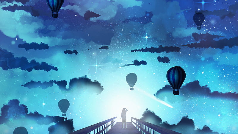 Beyond the clouds, cloud, fantasy, erisiar, hot air balloon, silhouette, white, sky, blue, HD wallpaper