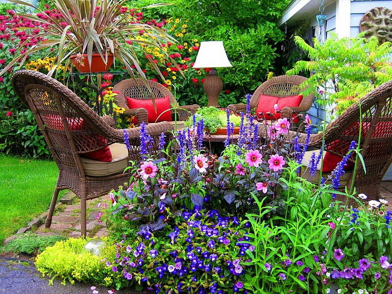Rest in spring garden, pretty, house, home, bonito, chairs, flowers, morning, table, rest, cozy, lovely, relax, greenery, spring, pleasant, plants, summer, garden, HD wallpaper