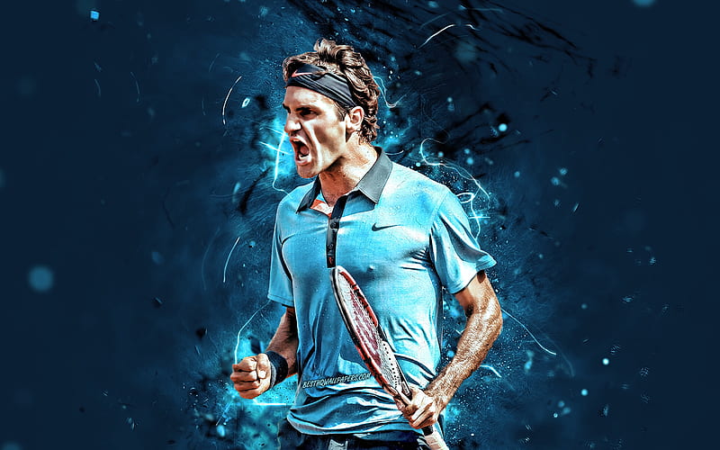 Roger Federer, blue uniform, swiss tennis players, ATP, neon lights, tennis, Federer, fan art, HD wallpaper