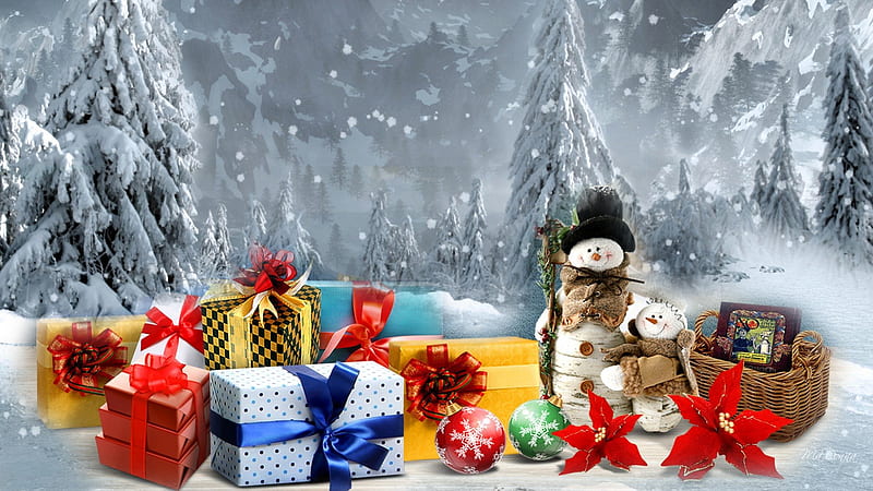 Christmas Time Winter Time, forest, trees, snowman, winter, cold, snowing, poinsettias, balls, snow, basket, flowers, presents, gifts, HD wallpaper