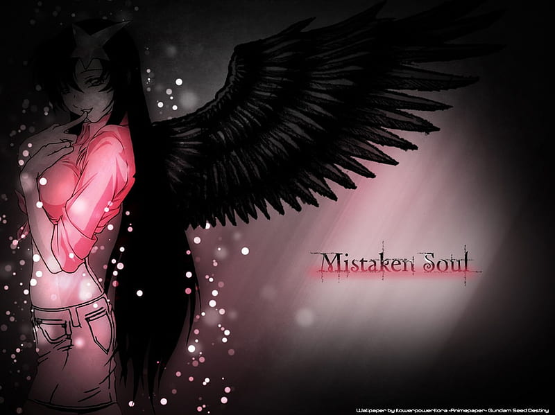cheeky soul, outfit, wings, black, girl, anime, long hair, pink, red eyes, black hair, HD wallpaper