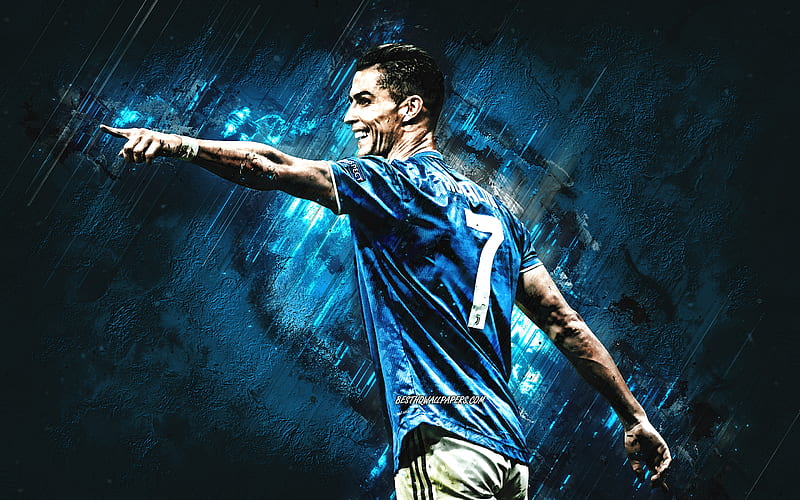 Cristiano Ronaldo, CR7, Juventus FC, blue stone background, blue Juventus uniform, portuguese footballer, world football star, football, HD wallpaper