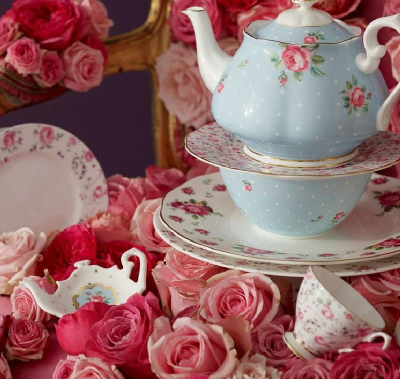 Rose Tea Setting, still life, flowers, tea setting, roses, HD wallpaper