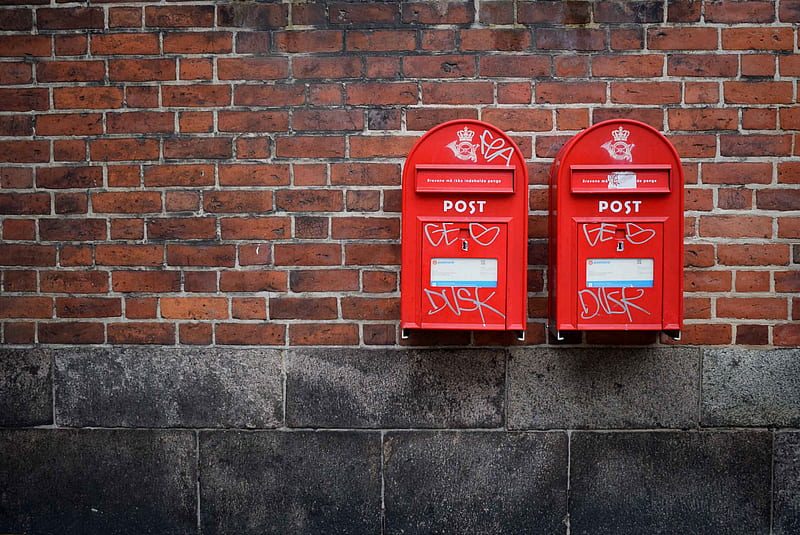 two red post boxes mounted in brown concrete wall, HD wallpaper