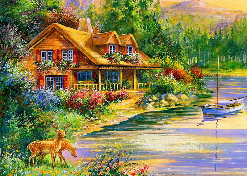 Deer creek cabin, pretty, house, shore, cottage, cabin, bonito, villa, deer, animal, countryside, nice, boat, painting, village, flowers, river, art, forest, lovely, creek, trees, lake, water, peaceful, nature, HD wallpaper