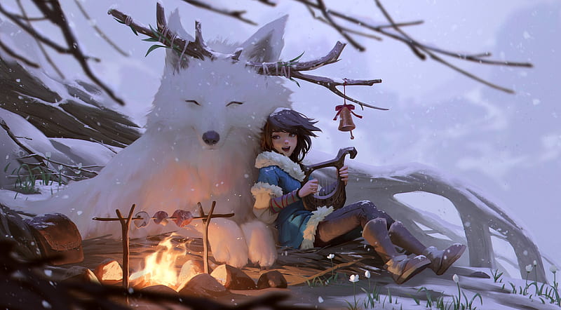 fantasy girl, barbecue, girl, winter, fire, tree, wolf, HD wallpaper