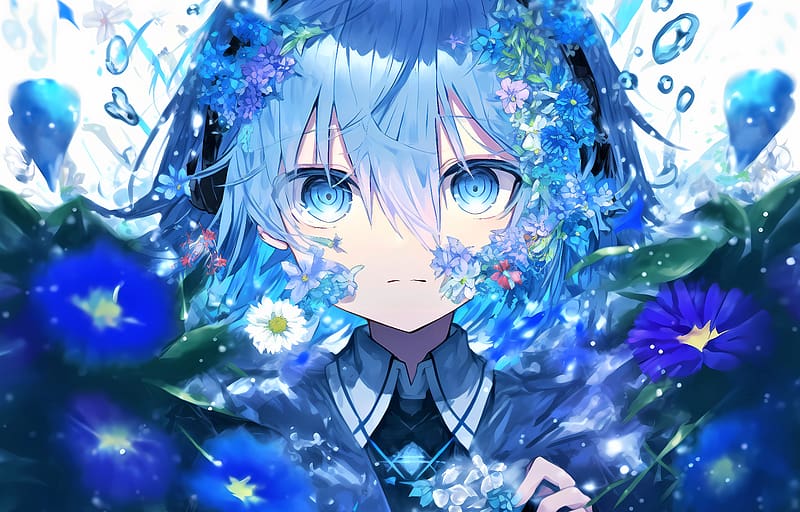 Girl, eyes, flowers, blue, anime, HD wallpaper | Peakpx