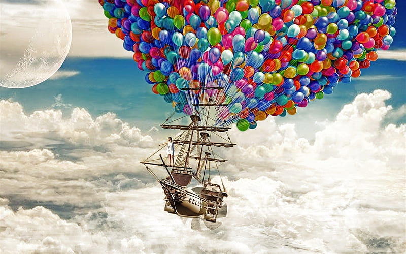 multicolored balloons, flying ship, flight in a dream, sky, clouds, HD wallpaper