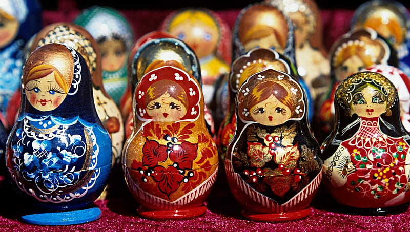 colored matryoshka russian dolls, dolls, ladies, ethnic, colors, nesting, HD wallpaper