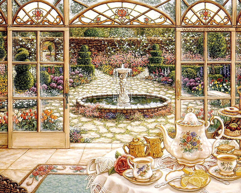 Janet Kruskamp, art, porch, painting, garden, tea, door, HD wallpaper