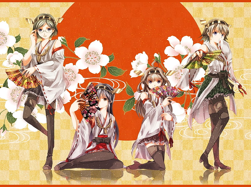 :), iroha, kantai collection, girl, orange, anime, flower, manga, hand fan, HD wallpaper
