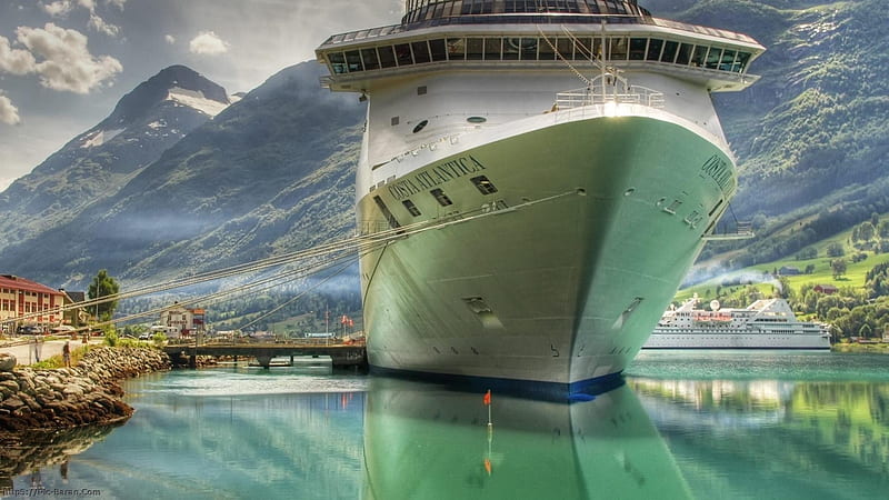 mighty cruise ship at a european port of call, cruise ship, port, mountains, town, HD wallpaper