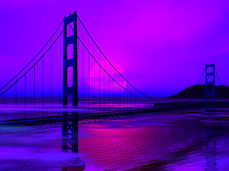 Night on the bridge, water, golden gate bridge, blue and pink sky, reflections, night, HD wallpaper