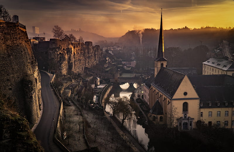 Luxembourg city, sunset, cityscape, buildings, church, HD wallpaper