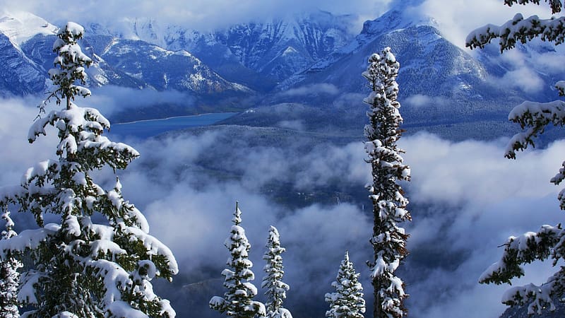 Winter At Lake Minnewanka, Banff NP, Alberta, snow, landscape, trees, rocks, mountains, canada, water, ice, HD wallpaper