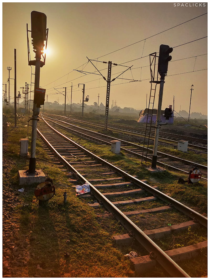 Railway line morning, indianrailway, signal, sunshine, train, HD phone wallpaper