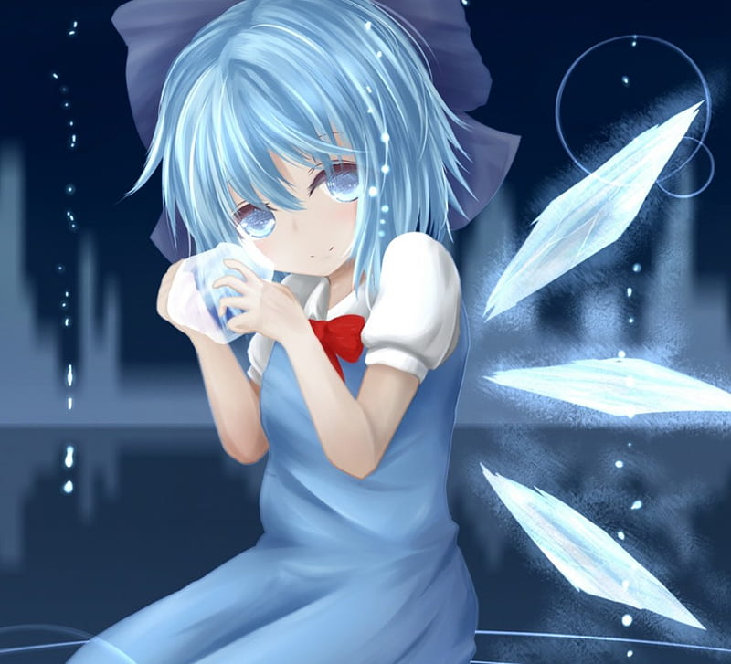 Ice, pretty, cirno, wet, adorable, wing, sweet, nice, anime, touhou, anime girl, fairy, female, wings, lovely, short hair, cute, kawaii, water, girl, blue hair, HD wallpaper