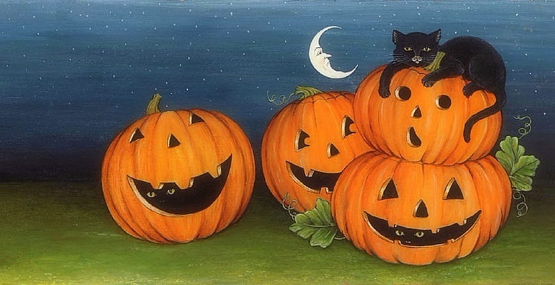 Pumpkin Patch, moons, fall season, draw and paint, autumn, halloween, love four seasons, cat, paintings, black cat, jack-o-lanterns, animals, pumpkins, HD wallpaper