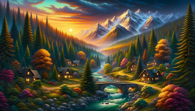 Enchanted valley with sunset, volgy, naplemente, folyok, hofodte hegyek, elenk taj, hazikok, egbolt, kohid, felhok, kovek, szines fak, HD wallpaper